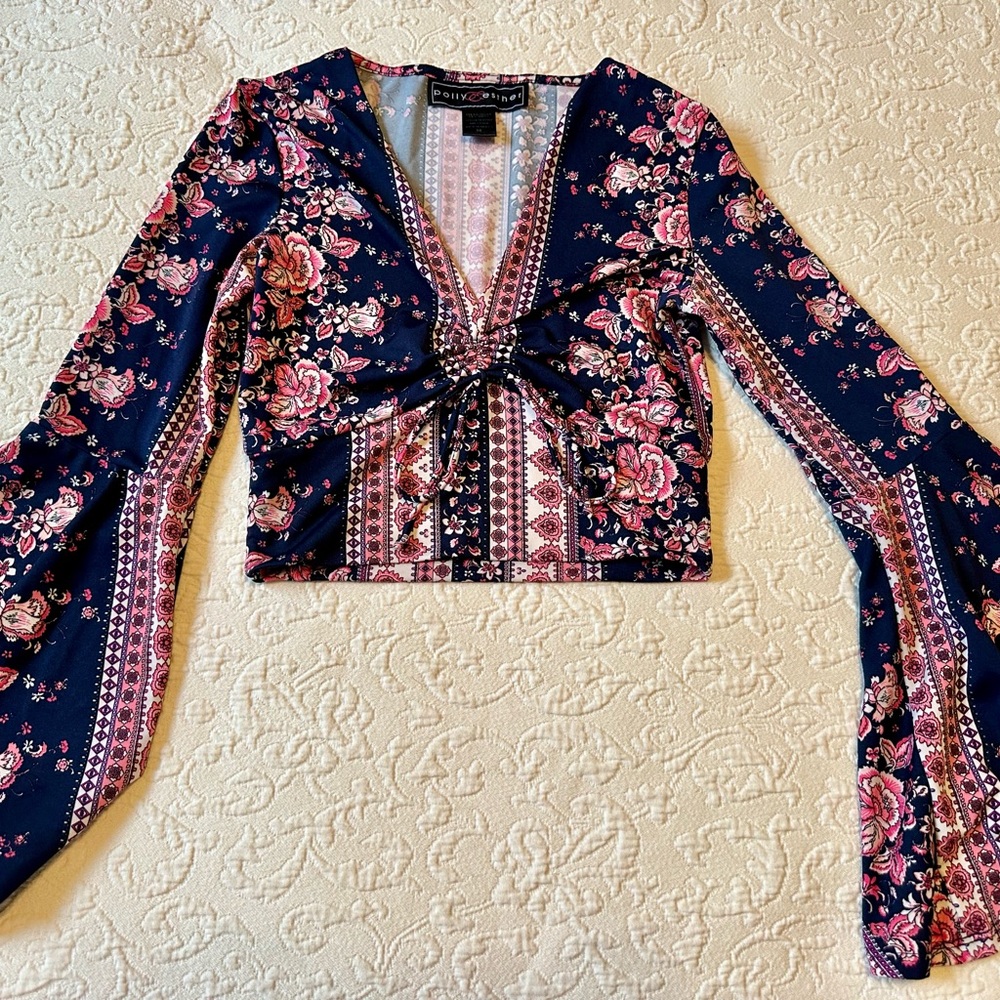 Polly & Esther Navy and Pink Floral Bell Sleeve Blouse - Picture 8 of 15